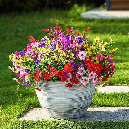 SHareconn 48 Bundles Artificial Flowers for Outdoors Decoration, Faux Plants Fake Silk Colorful Daisy Eucalyptus Lavender, UV Resistant for Outside Home Porch Patio Indoor Spring Decor, Mix 5 Colors