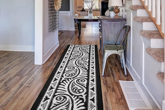 Custom Length Cut to Size Tribal Ethnic Southwestern Inspired Hallway Runner Rug, Non Slip Rubber Backed, 31 inch Wide X Customized Length, Mayan Black, 31 inch X 6 feet