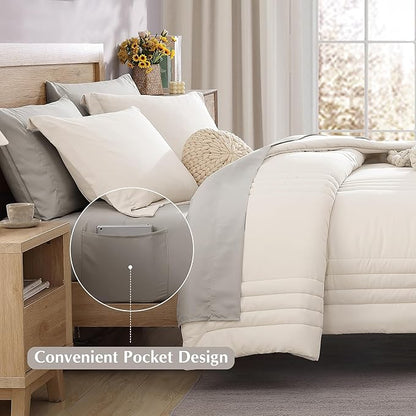 Monbix Full Comforter Set - 7 Pieces White Bed in a Bag Full Size Bedding Sets with Comforters, All Seasons Down Alternative Comforter with Sheets,Pillowcases & Shams