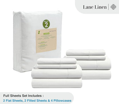 LANE LINEN 100% Organic Cotton Pure White Full Sheets Set, 4-Piece Pure Organic Cotton Long Staple Percale Weave Ultra Soft Best Bedding Sheets for Bed, Breathable, 15" Deep Pocket - White (2 Pack)