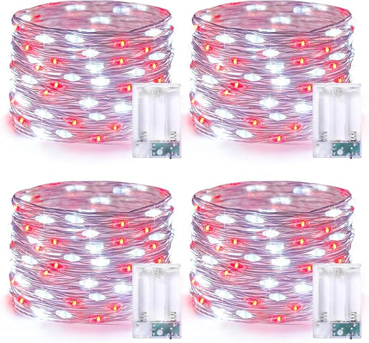 JMEXSUSS 4 Pack 50 LED Fairy Lights Battery Operated, 16.1ft Waterproof Red & White Twinkle Christmas Lights for Gifts Party Wedding Indoor Outdoor Decorations