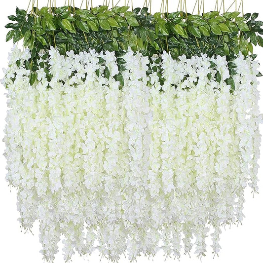 Artificial Wisteria Hanging Flowers Fake Wisteria Flower Garland Silk Vines Rattan Decor for Home Wedding Arch Wall Garden Greenery Bedroom Outdoor Office Party Decoration (24, White)