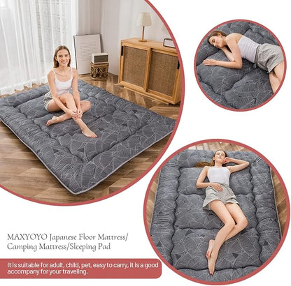 MAXYOYO Black Leaf Printed Japanese Futon Floor Mattress, Thicken Sleeping Pad Floor Bed Roll Up Camping Guest Mattress Folding Couch Bed, Full Size