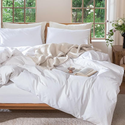 MooMee Bedding Duvet Cover Set 100% Washed Cotton Linen Like Textured Breathable Durable Soft Comfy (Solid Bright White, Oversized Full 82"x86")