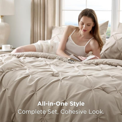 Bedsure California King Comforter Set Beige - Bed in a Bag Cal King Bedding Set 7 Pieces, GentleSoft™ Pintuck Bed Set Gift for Family, Pinch Pleat Beige Comforter with Sheets, Pillowcases & Shams