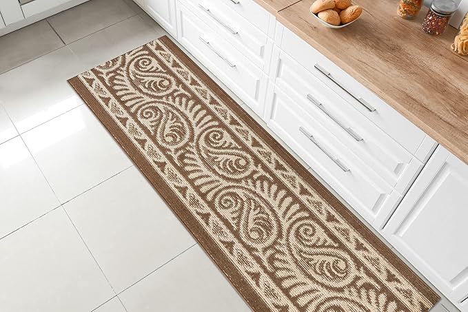 Custom Length Cut to Size Tribal Ethnic Southwestern Inspired Hallway Runner Rug, Non Slip Rubber Backed, 31 inch Wide X Customized Length, Mayan Brown, 31 inch X 7 feet