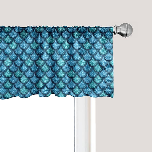 Ambesonne Fish Scale Window Valance Pack of 2, Nautical Design Realistic Graphic Water Drops on Half Circles Print, Rod Pocket Curtain Valances for Kitchen Bedroom, 54" X 18", Blue and Turquoise