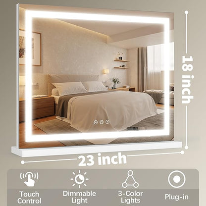FENNIO 23" x 18" Vanity Mirror with Lights，LED Makeup Mirror，Hollywood Mirror with 3 Color Modes & Adjustable Brightness，Vanity Mirror Square White