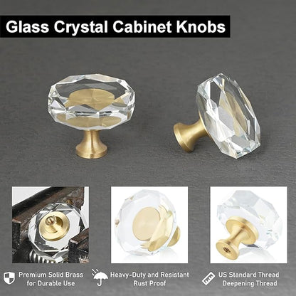 QOGRISUN 2-Pack Brass Crystal Cabinet Knobs,Glass Crystal Gold Drawer Knobs,1-1/4-Inch Polygon,Decorative Dresser Pulls, Modern Cabinet Hardware