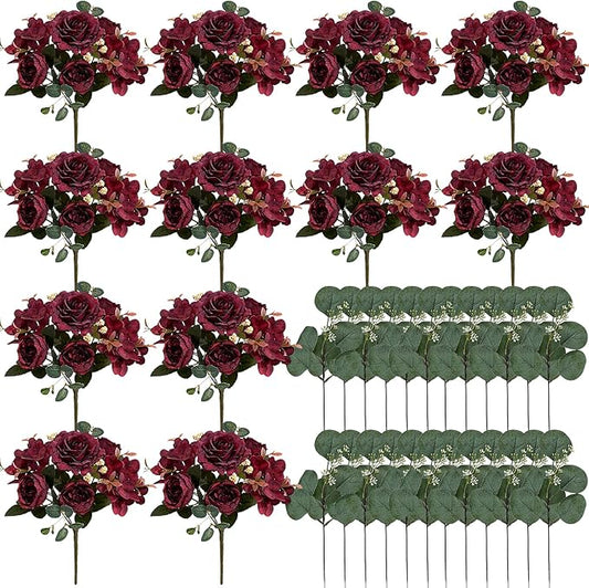 Peony Artificial Flowers, Faux Peonies Hydrangea Eucalyptus Bouquet 12 Packs Silk Vintage Realistic Peony Floral Arrangement for Vase Wedding Centerpiece Table Home Party Decor-Burgundy