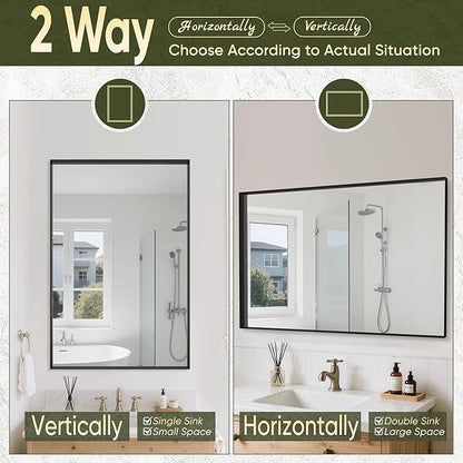 Suidia Bathroom Mirror, 24" x 36" Wall Mirror Metal Framed, Bathroom Vanity Mirror for Living Room Bedroom Bathroom Entryway, Black, Rect Corner Style