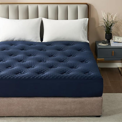 Hansleep Full Size Mattress Topper Viscose Derived from Bamboo, Memory Foam Pillow Top Mattress Topper Full with Deep Pocket, Breathable Mattress Pad for Back Pain Relief, 54" x75", Navy Blue