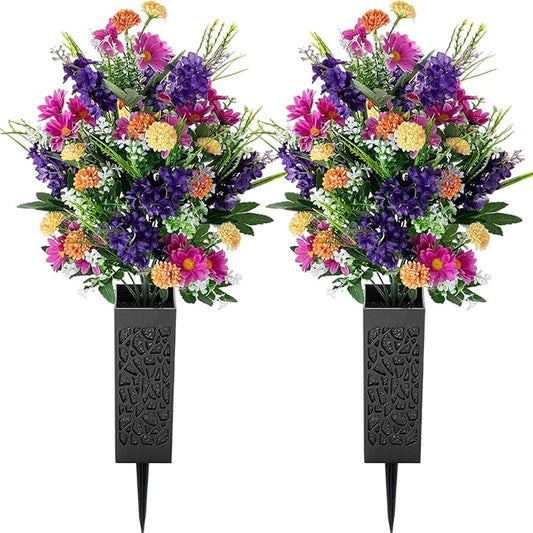 Artificial Cemetery Flowers for Grave: Memorial Day Flowers for Cemetery - Outdoor Grave Decorations - 2 Pcs Purple Violet Mums Bouquets with Vases
