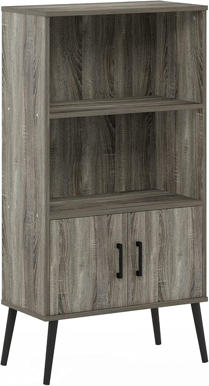 Furinno MIDCENTURY Storage Shelves, Storage Cabinet with Doors and Shelves, Bookshelf with Legs, for Living Room, Home Office, Grey Oak
