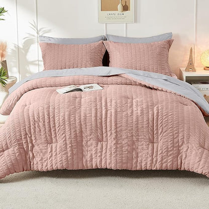 HYMOKEGE Rose Gold/Light Grey Queen Comforter Set Seersucker 7 Pieces, All Season Luxury Bed in a Bag Queen for Bedroom, Bedding Set with Comforter, Sheets, Pillowcases & Shams