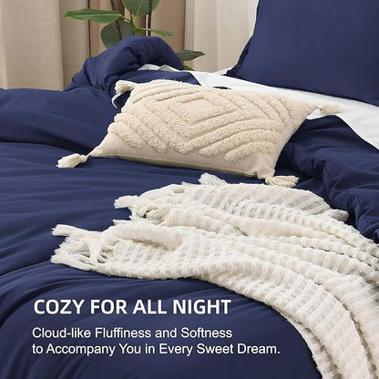 Litanika Navy Blue Comforter Set Full Size, 3 Pieces Boys Men Lightweight Solid Bedding Comforter Set, All Season Fluffy Down Alternative Bed Set (79x90In Comforter & 2 Pillowcases)