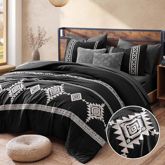 MaiRêve Embroidery Full Size Comforter Set Black, Farmhouse Western Boho Bedding Set 7 Pieces, All Season Bed in A Bag Comforter Set with Sheets, Pillowcases & Shams