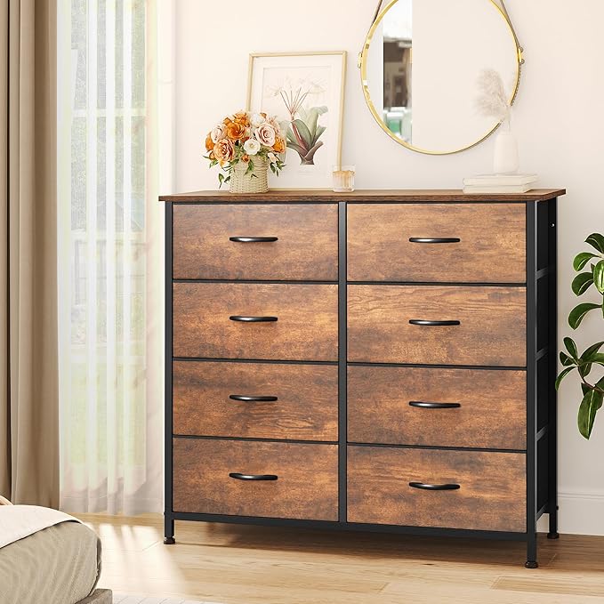YITAHOME 8 Drawers Fabric Dresser, Wide Storage Tower Cabinet, Organizer for Bedroom, Living Room, Hallway, Closet, Sturdy Steel Frame, Wooden Top, Easy-to-Pull Fabric Bins (Earthy Brown)