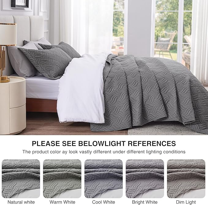 Love's cabin Twin Quilt Bedding Set Grey Bedspreads - Soft Bed Summer Lightweight Bedspread Comforter - Wave Pattern Bedding Coverlet for All Season - 2 Pieces (1 Quilt, 1 Pillow Sham)