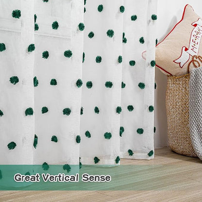 MYSKY HOME 84 Inch Long Christmas Curtains for Living Room Hunter Green Pom Pom Curtains for Bedroom White Sheer Nursery Curtains for Kids Room Rod Pocket Privacy Windows Drapes 52" x 84" 2 Panels
