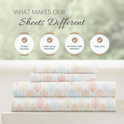 Linen Market Double-Brushed Patterned Microfiber Queen Sheet Set 4 Piece – Oeko-TEX Certified Ultra Soft & Wrinkle-Free - 16" Deep Pocket Sheets - Easy Care Queen Size - Fall Foliage Yellow