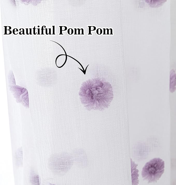MYSKY HOME Purple Pom Pom Sheer Curtains for Bedroom and Living Room - 95 Inch Length Light Filtering Rod Pocket Window Backdrops for Large Sliding Doors - 52 x 95 in 2 Panels