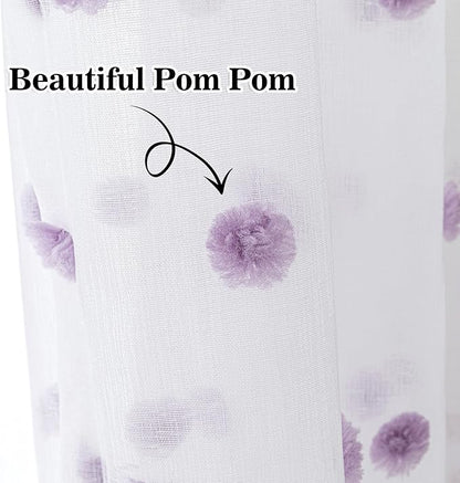 MYSKY HOME Purple Pom Pom Sheer Curtains for Bedroom and Living Room - 95 Inch Length Light Filtering Rod Pocket Window Backdrops for Large Sliding Doors - 52 x 95 in 2 Panels