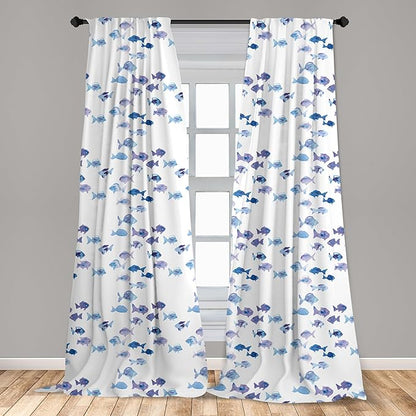 Ambesonne Animal Window Curtains Pack of 2, Little Fishes Watercolors Ocean Underwater Life Marine Theme Art, Lightweight Set with Rod Pocket, 4 Panels of - 28" x 95", Blue