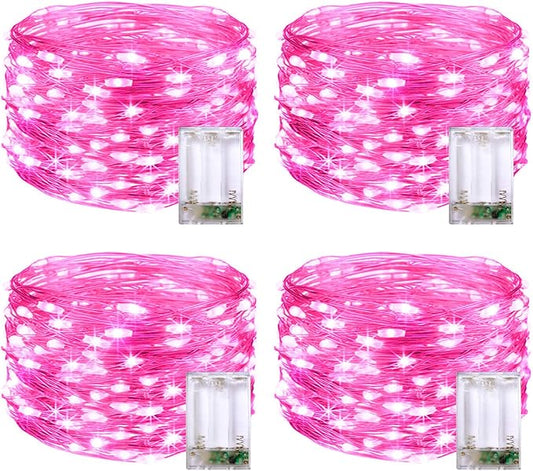 JMEXSUSS 4 Pack 50 LED Pink Fairy Lights Battery Operated, 16.1ft Christmas Fairy Lights Indoor Outdoor Waterproof, Pink String Lights for Bedroom Wedding Birthday Valentine Christmas Decorations