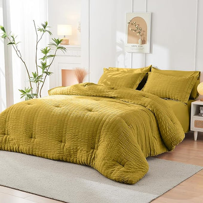 HYMOKEGE Mustard Yellow Twin XL Comforter Set Seersucker 5 Pieces, All Season Luxury Bed in a Bag for Bedroom, Bedding Set with Comforter, Sheets, Pillowcase & Sham