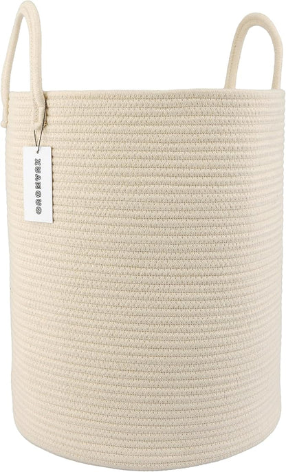 Cotton Rope Laundry Basket Hamper for Clothes Woven Storage Basket for Living Room Bedroom Boho Tall Rope Baskets for Blanket Toys Pillow Towels Baby Nursery Hamper Bin beige
