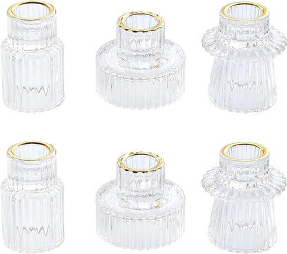 Vixdonos Taper Glass Candlestick Holders Tealight Candle Holders for Table Centerpieces, Wedding Decor and Dinner Party (6 Pcs, Gold Rim Clear)