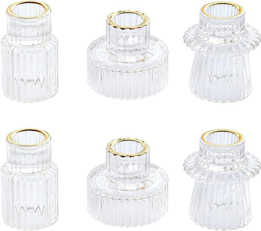 Vixdonos Taper Glass Candlestick Holders Tealight Candle Holders for Table Centerpieces, Wedding Decor and Dinner Party (6 Pcs, Gold Rim Clear)