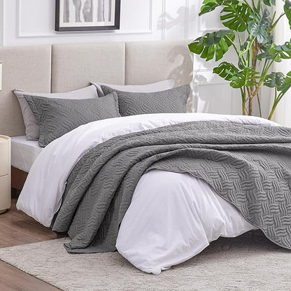 Love's cabin Twin Quilt Bedding Set Grey Bedspreads - Soft Bed Summer Lightweight Bedspread Comforter - Wave Pattern Bedding Coverlet for All Season - 2 Pieces (1 Quilt, 1 Pillow Sham)