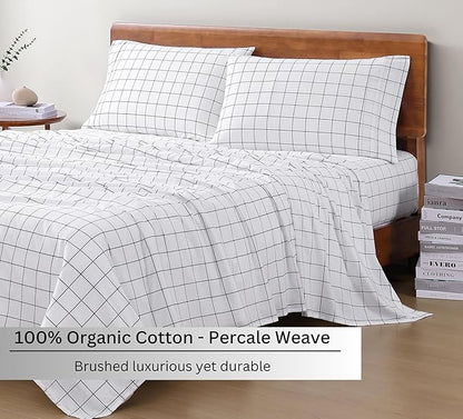 LANE LINEN 100% Organic Cotton Queen Bed Sheet, Fade Resistant Printed Cotton Sheets Low Pill Soft & Comfy Machine Washable Queen Size Deep Pockets Fits Upto 15" - Windowpane
