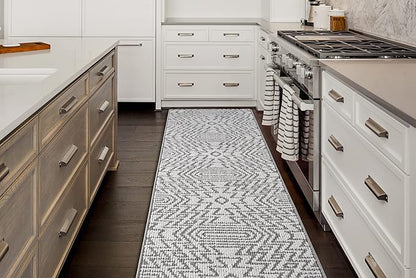 Custom Size Southwestern Style Runner Rug Mat for Wide Hallway Entryway Kitchen Laundry Room with Slip Resistant Latex Rubber Backing, Inca Grey, 31 inch X 20 feet