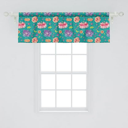 Ambesonne Floral Window Valance Pack of 2, Pattern with Lotus Flowers Peonies and Chrysanthemums Oriental Motifs Garden Art, Rod Pocket Curtain Valances for Kitchen Bedroom, 54" X 18", Teal