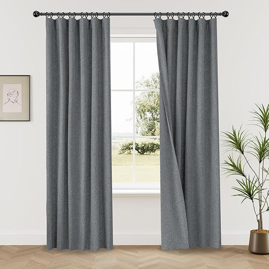 KangBang 100% Blackout Linen Curtains 72Wx84L Inch, Back Tab Room Darkening Neutral Gray Curtains for Offices Living Room, Thermal Insulated Morden Soft Thick Linen Curtains, 2 Panels