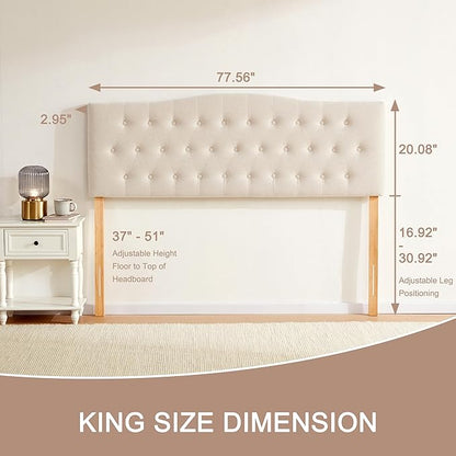 Tufted Upholstered Headboard King Size, Sturdy and Durable Solid Wood Bed headboard, Fabric Headboard Adjustable Height from 37” to 51”, Modern Button Diamond Design Head Board, Beige