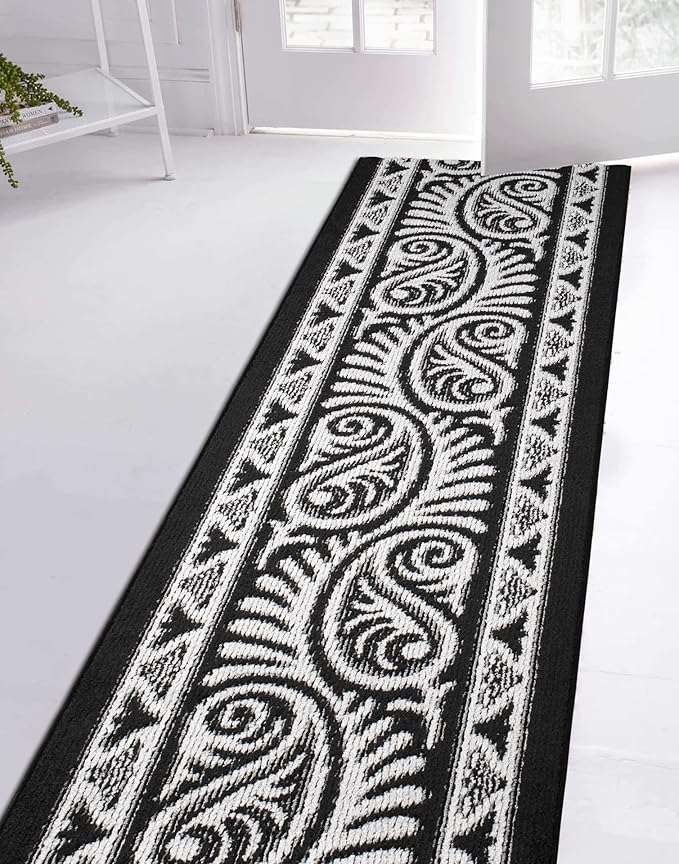 Custom Length Cut to Size Tribal Ethnic Southwestern Inspired Hallway Runner Rug, Non Slip Rubber Backed, 31 inch Wide X Customized Length, Mayan Black, 31 inch X 32 feet