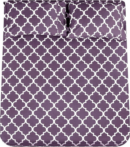 Mejoroom Queen Bed Sheet Set - Super Soft Brushed Microfiber 1800 Thread Count Queen Sheets with 16 inch Deep Pocket - Wrinkle Free - 4 Piece(Queen, Purple Quatrefoil with White Pattern)
