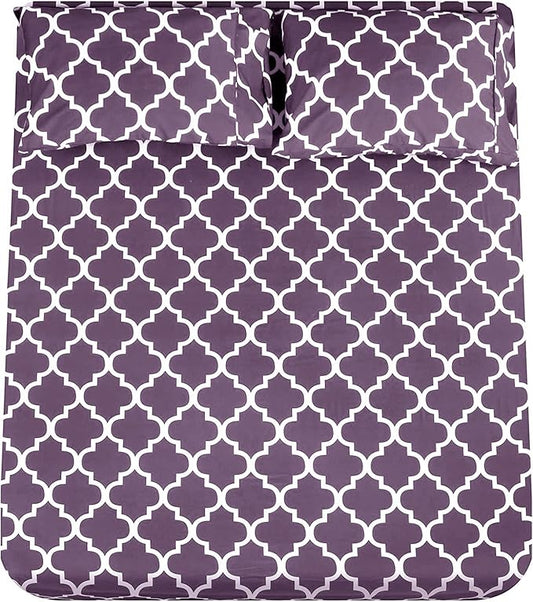 Mejoroom Full Bed Sheet Set - Super Soft Brushed Microfiber 1800 Thread Count Full Sheets with 16 inch Deep Pocket - Wrinkle Free - 4 Piece(Purple Quatrefoil with White Pattern)