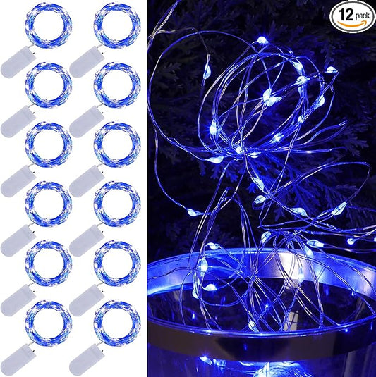 WATERGLIDE 12 Pack Fairy Lights Battery Operated (Included), 7 ft 20 LED Mini String Lights, Waterproof Silver Wire Firefly Starry Light for DIY Wedding Christmas Party Mason Jars Decor, Blue