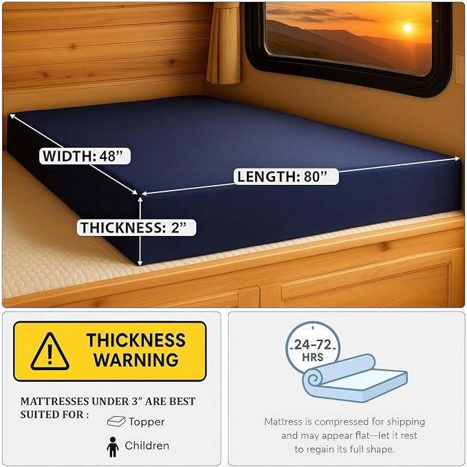Foamma 2" x 48" x 80" Water Resistant Gel Memory Foam RV Bunk Mattress, Firm High Density Foam Base, Comfortable and Durable Polyester Cover, Truck, Camper, Travel Trailer, Made in USA!