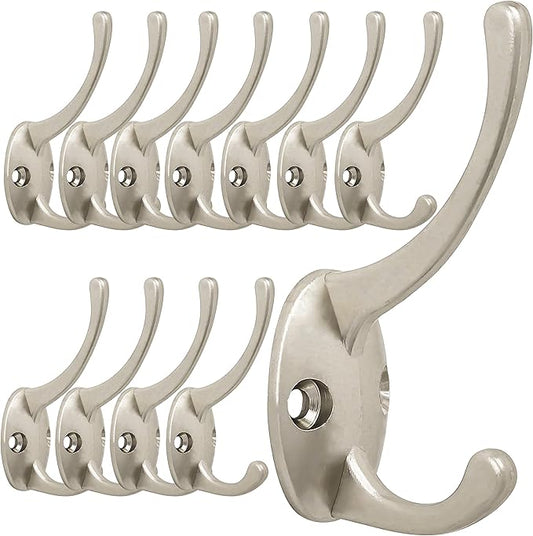 IBosins 12 Pack Silver Coat Hooks Wall Mounted with 24 Screws Retro Double Hooks Utility Silver Hooks for Coat, Scarf, Bag, Towel, Key, Cap, Cup, Hat