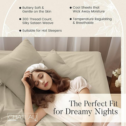 300TC 100% Organic Cotton Twin XL Size Sheets Set, XL Twin Bed Sheets Luxury Hotel Collection Fully Elasticated Sheet & Pillowcase Sets, Machine Washable No Pill Fade Resistant-Tan