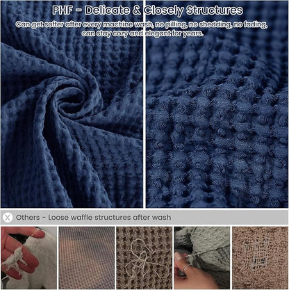 PHF 100% Cotton Waffle Weave Family Blanket,Oversized King Size 120"x 120"-Pre-Washed Snag Proof Lightweight Breathable, 10'x 10' Huge Extra Large Big,Home Decoration Gift-Navy Blue/Bright Blue