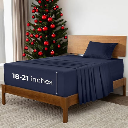 Mellanni Extra Deep Twin XL Sheets - 3 PC Iconic Collection Bedding - Hotel Luxury, Ultra Soft, Cooling Bed Sheets - Wrinkle, Fade, Stain Resistant (Twin Extra Long, Navy Blue)