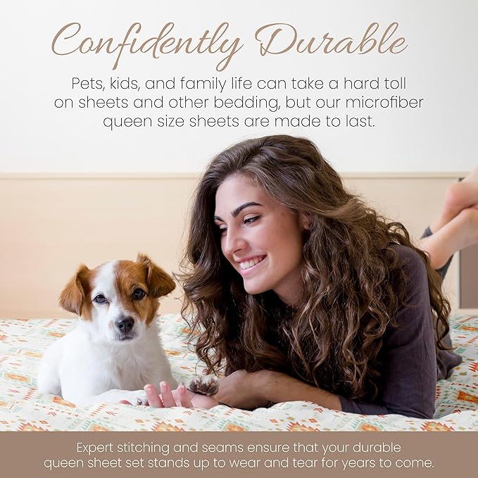 Linen Market Double-Brushed Patterned Microfiber Queen Sheet Set 4 Piece – Oeko-TEX Certified Ultra Soft & Wrinkle-Free - 16" Deep Pocket Sheets - Easy Care Queen Size - Aztec Dreams Coral