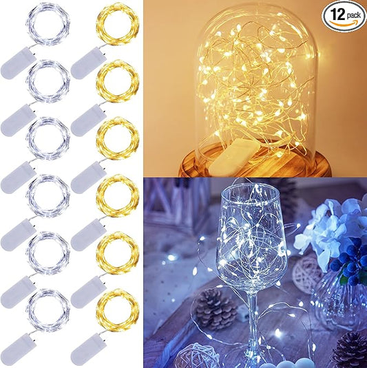 WATERGLIDE 12 Pack Fairy Lights Battery Operated (Included), 7 ft 20 LED Mini String Lights, Waterproof Silver Wire Firefly Starry Light for DIY Wedding Christmas Party Decor, 6 Warm White & 6 White